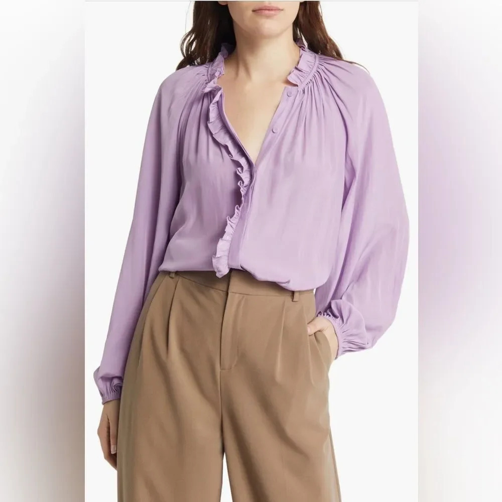 Kobi Halperin Aster Ruffle Blouse in Mauve Long Sleeve Button Down Top size L